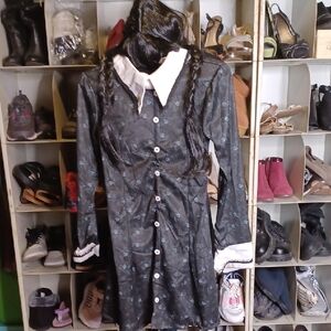 Kids Adams Family Wednesday Black and White Halloween Costume Dress And Wig